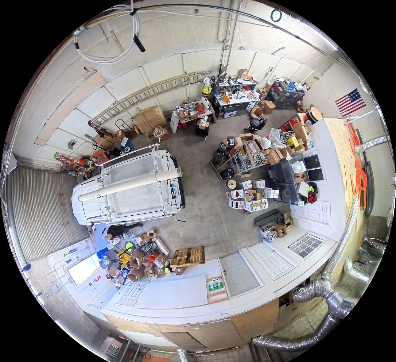 Panoramic commercial security camera view inside a monitored Bezemer facility